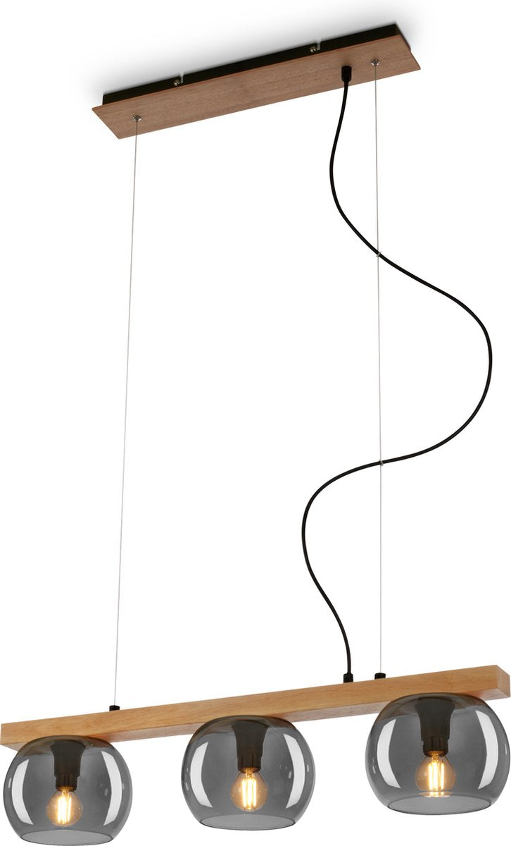 Briloner - kyro - lampe suspendue, avec bois, verre fumé, 3x e14 max.10w