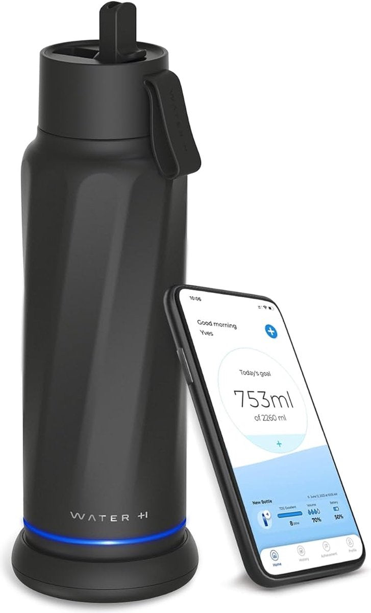 Waterh vita - bouteille d'eau intelligente avec tracker d'eau - éclairage LED - acier inoxydable - couvercle rabattable + paille - 530 ml - noir