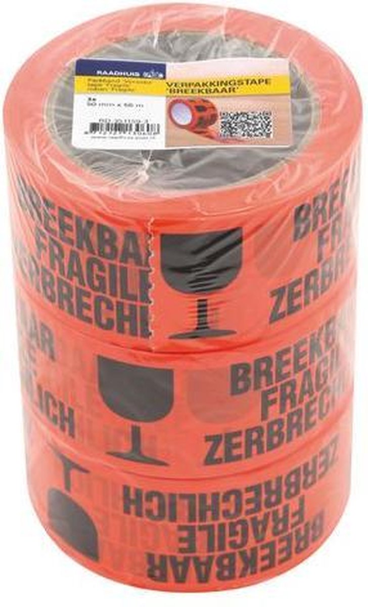 Ruban d'emballage mairie - 50mmx66m - orange - texte : fragile - 3 rouleaux - rd-351159-3
