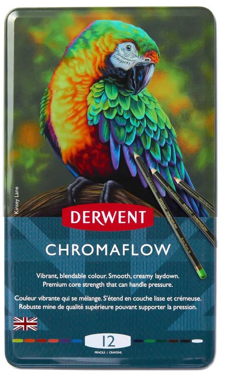 Crayons de couleur Derwent Chromaflow - assortiment en boîte métallique - 3,5 mm - 12 pièces
