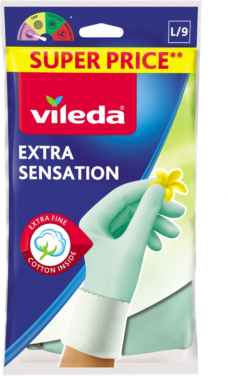 Gants de ménage Vileda extra sensation - taille L - latex - fins et confortables - pour un travail de précision et une protection