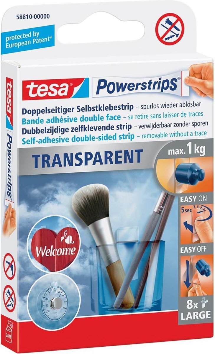 Tesa powerstrips® transparent large - bandes autocollantes - 8 pièces - capacité de charge jusqu'à 1 kg - montage invisible sans perçage