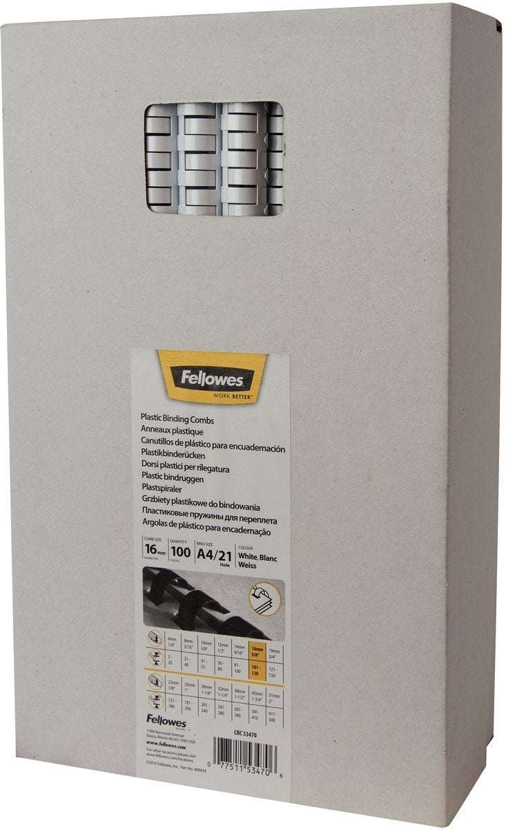 Pack 100 peignes de reliure blanc 5347005 Fellowes plastique a4 16mm