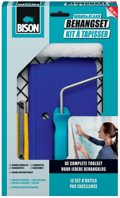 Kit de papier peint Bison wall ready® 5 pièces comprenant une grille adhésive, un rouleau adhésif pour papier peint, une spatule à papier peint, un couteau sécable, un guide d'instructions, adapté à tous les types de papier peint