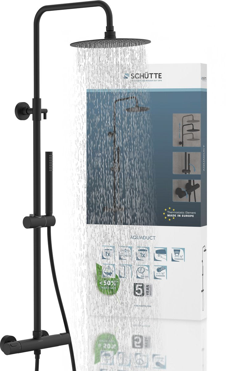 Système de douche aqueduc Schütte - douche à effet pluie - longueur de tige 80 - 120 cm - avec mitigeur thermostatique - noir mat
