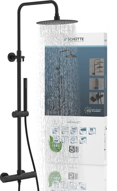 Système de douche aqueduc Schütte - douche à effet pluie - longueur de tige 80 - 120 cm - avec mitigeur thermostatique - noir mat