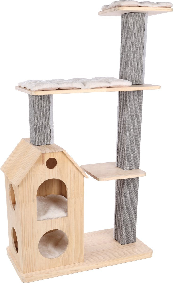 Arbre à chat Flamingo – ligne premium casandra – 96x40x135 cm – arbre à chat de luxe en bois avec abri plateformes de couchage – meuble à gratter avec tapis à gratter en sisal coussins lavables – arbre à chat design
