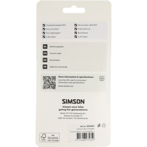Frein à tambour à câble intérieur Simson universel. tonne poire + six pans creux inox