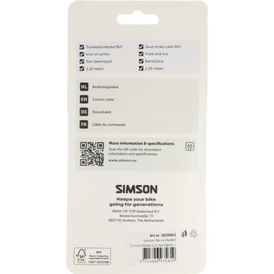 Frein à tambour à câble intérieur Simson universel. tonne poire + six pans creux inox
