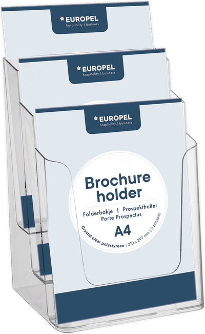 Présentoirs à brochures Europel multiples - dépliants, dossiers, cartes de visite - 3x A4 - 21 x 29,7 cm - présentation cristalline - salons et bureaux