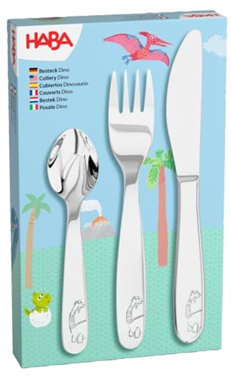 Haba couverts pour enfants Dino - set de couverts colorés pour enfants en acier inoxydable.