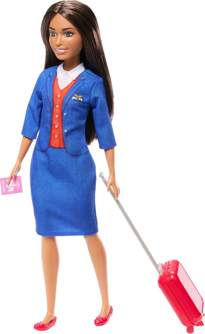Poupée mannequin Barbie hôtesse de l'air – uniforme bleu avec valise, écouteurs et passeport