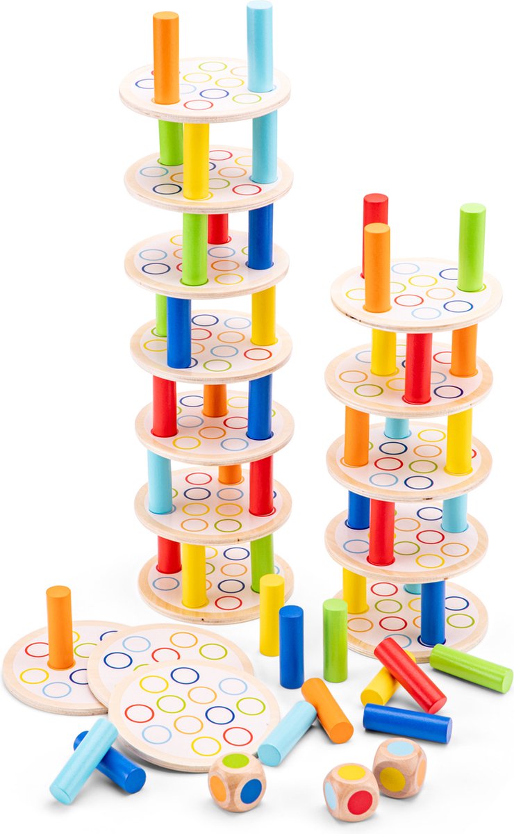 Jeu de tour d'équilibre en bois Woet ® - jeu éducatif d'empilage avec dés - reconnaissance des couleurs et motricité - fsc - à partir de 3 ans