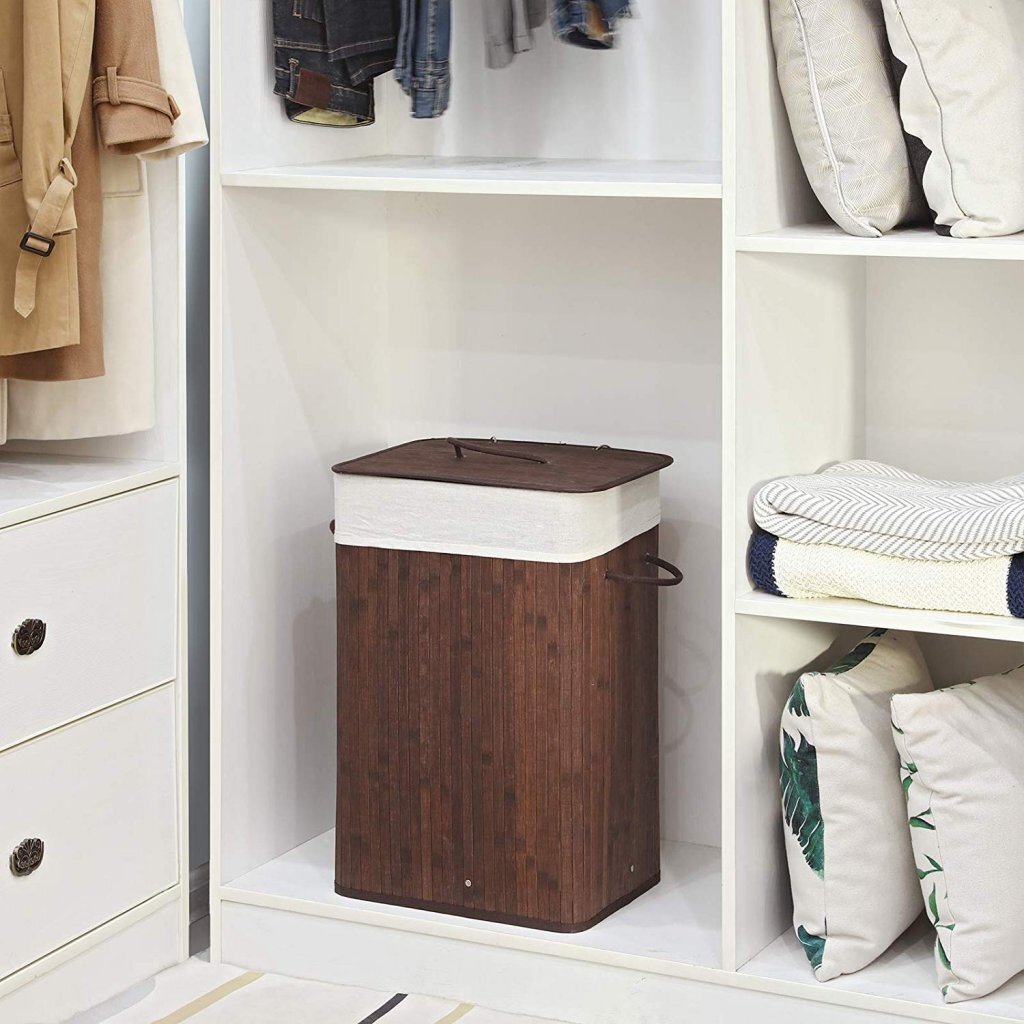 Homestyle Pro Homestyle Panier à linge bambou rectangulaire + texte 52x32x63 cm Brun blanc