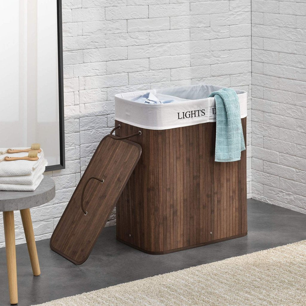 Homestyle Pro Homestyle Panier à linge bambou rectangulaire + texte 52x32x63 cm Brun blanc