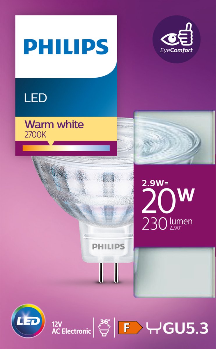 Spot LED Philips - 20 W - gu5.3 - lumière blanc chaud