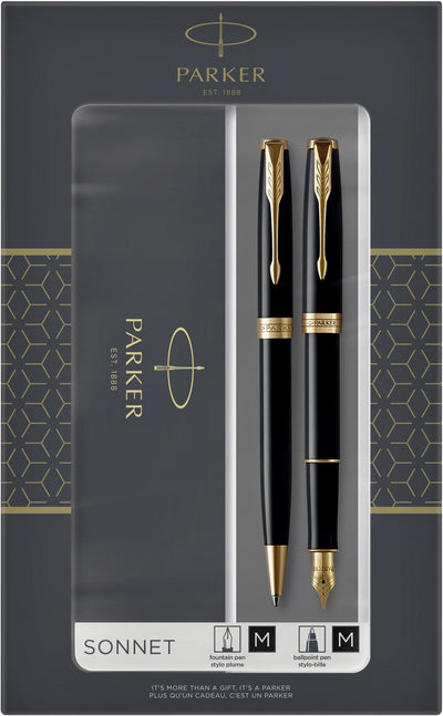 Coffret cadeau Parker Sonnet Duo avec stylo à bille et stylo plume (plume en or 18 carats) | noir brillant avec bordure dorée | cartouches et recharges d'encre noire