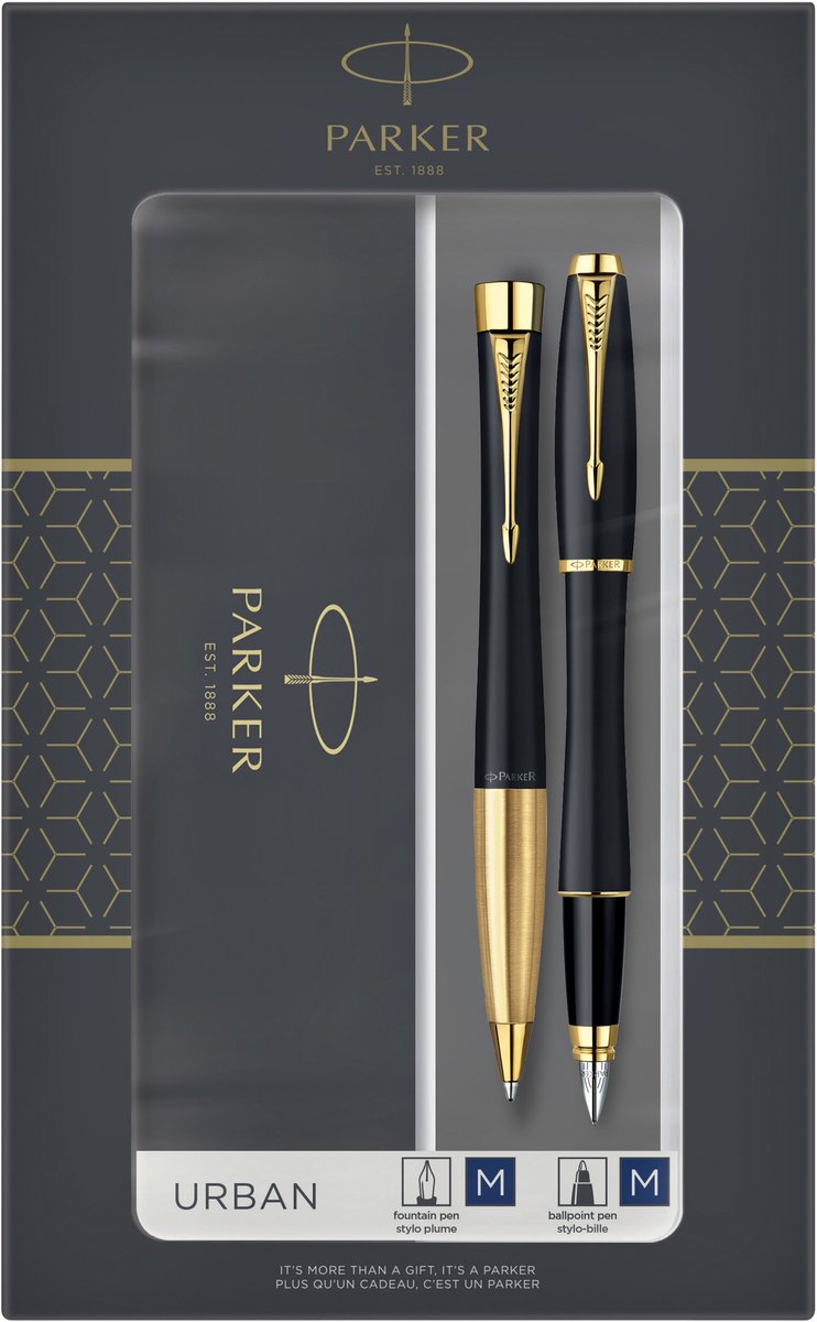 Coffret cadeau Parker Urban Duo avec stylo à bille et stylo plume | noir doux avec garniture dorée | encre bleue | emballage cadeau