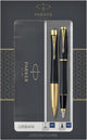 Coffret cadeau Parker Urban Duo avec stylo à bille et stylo plume | noir doux avec garniture dorée | encre bleue | emballage cadeau