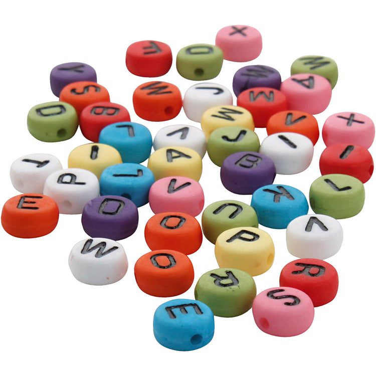 Perles lettres rondes, d 7 mm, diamètre du trou 1-2 mm, épaisseur 4 mm, différentes couleurs, 500 gr 1 boîte