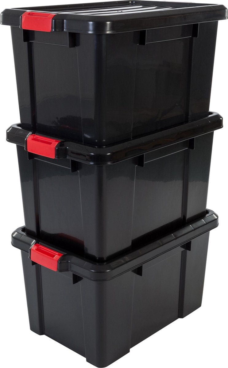 Boîte de rangement Iris powerbox - 50l - plastique - noir rouge - lot de 3