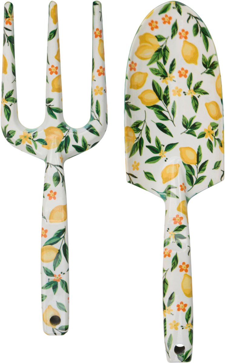 Kinzo ensemble d'outils de jardin 2 pièces - ensemble d'outils de jardin avec pelle à planter et fourchette à main - pelle de jardin en acier et fourchette à main de jardin - outils de jardin décoratifs motif floral