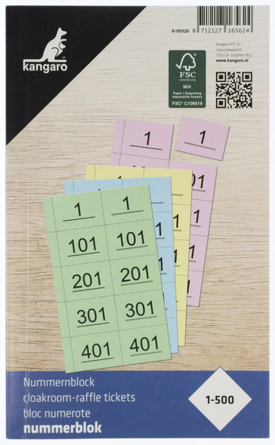 Bloc numéroté Kangaro - 120x200mm - 70 grammes - numéros 1-500 - 4 blocs - couleurs assorties - k-701120