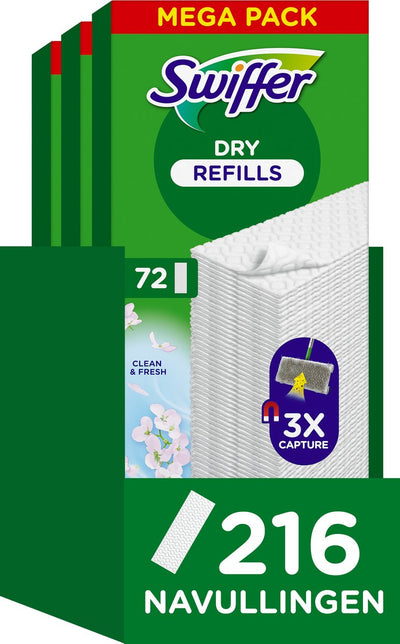 Lingettes sèches nettoyantes pour sols Swiffer - clean fresh - 3 x 72 = 216 recharges