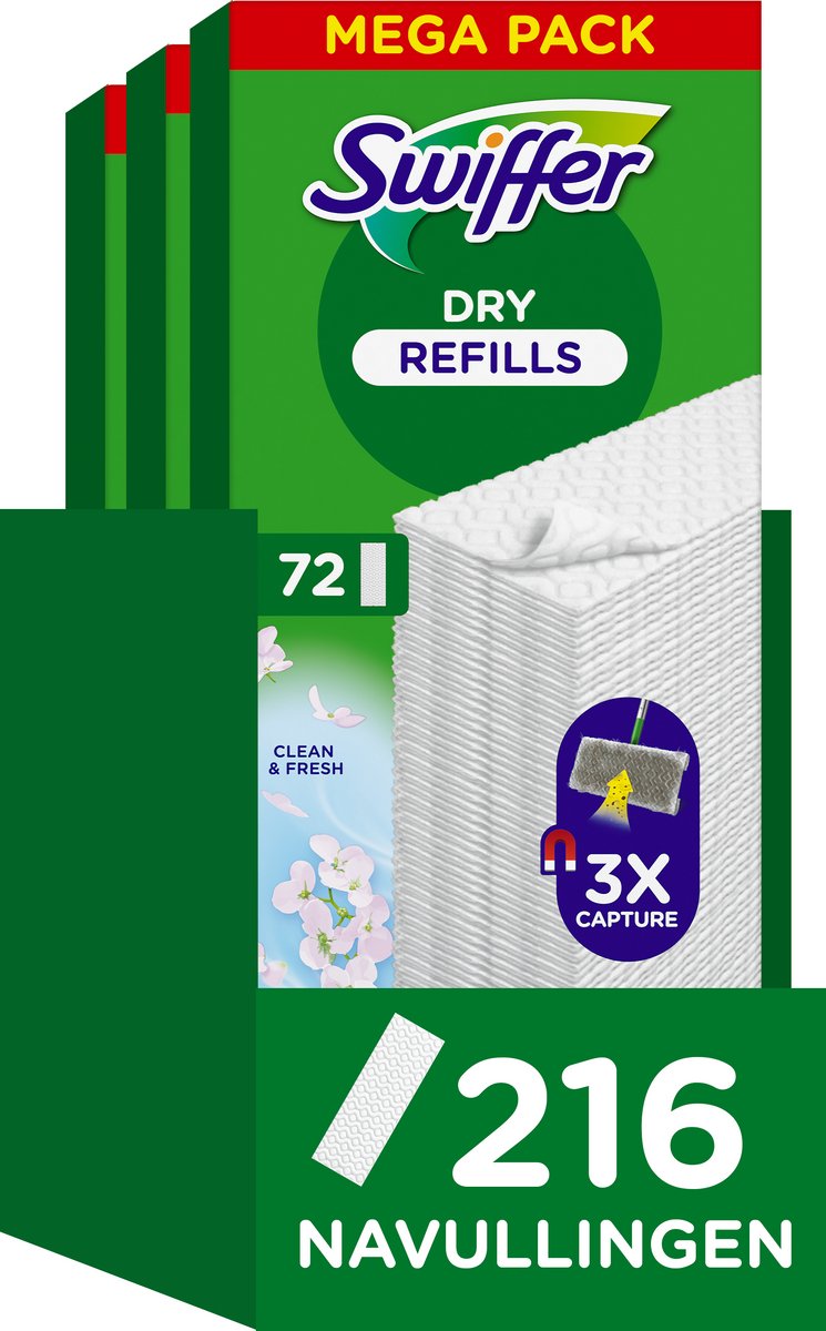 Lingettes sèches nettoyantes pour sols Swiffer - clean fresh - 3 x 72 = 216 recharges