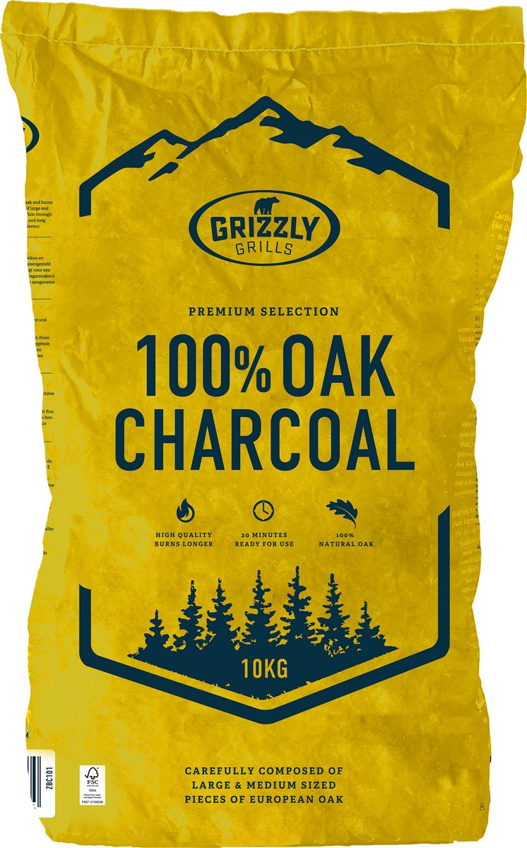 Grizzly grills premium 100% chêne - charbon de bois - 10 kilos - 100% FSC - gros morceaux - longue durée de combustion