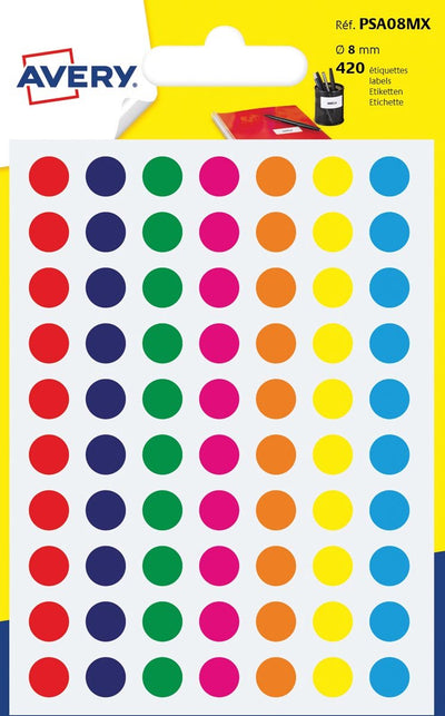 Avery psa08mx étiquettes de marquage rondes, diamètre 8 mm, blister de 420 pièces, couleurs assorties 10 pièces
