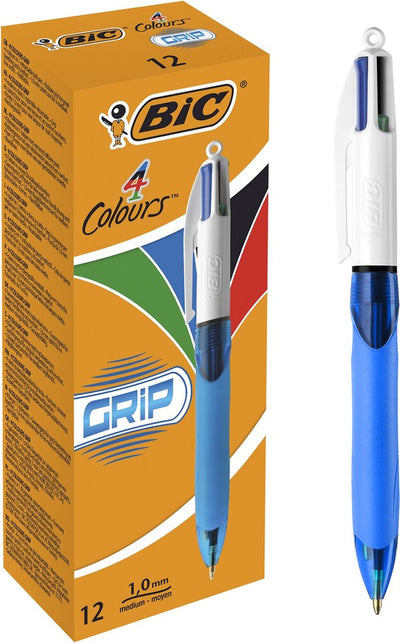 Stylos à bille Bic 4 couleurs grip avec système click pointe moyenne (1,0 mm) - prise en main confortable - boîte de 12 pièces
