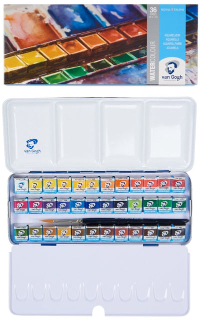 Van Gogh • coffret de peinture aquarelle dans une boîte métallique avec 36 couleurs en demi-godets + 1 pinceau