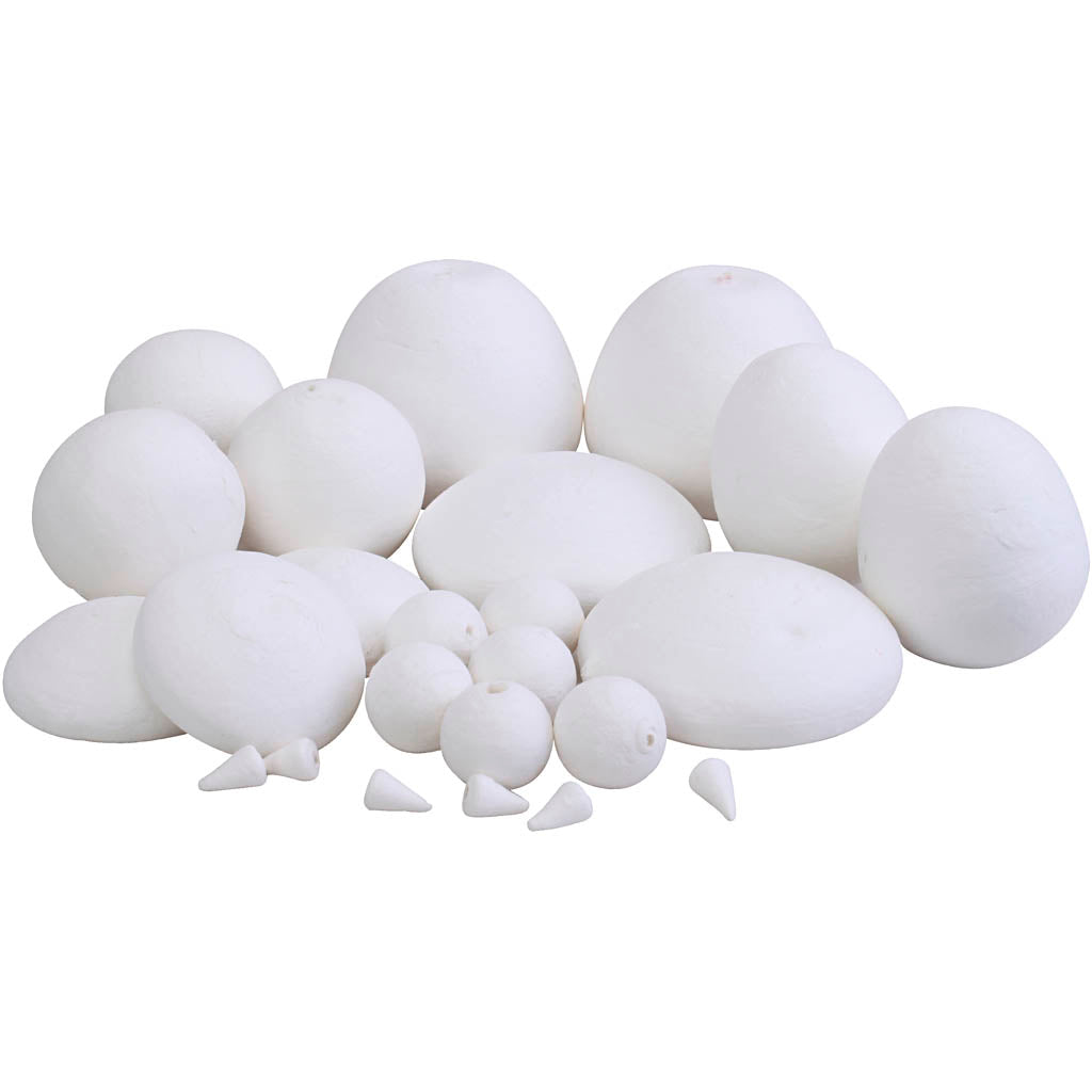 Boules de coton tournées, différentes formes, dim 1,5 à 6 cm, 140 pièces 1 boîte