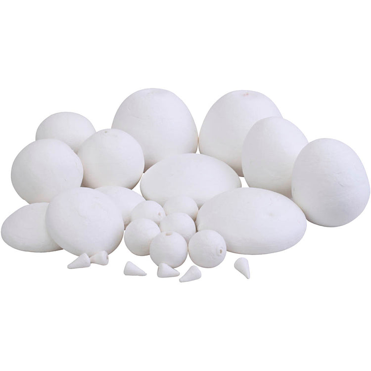 Boules de coton tournées, différentes formes, dim 1,5 à 6 cm, 140 pièces 1 boîte