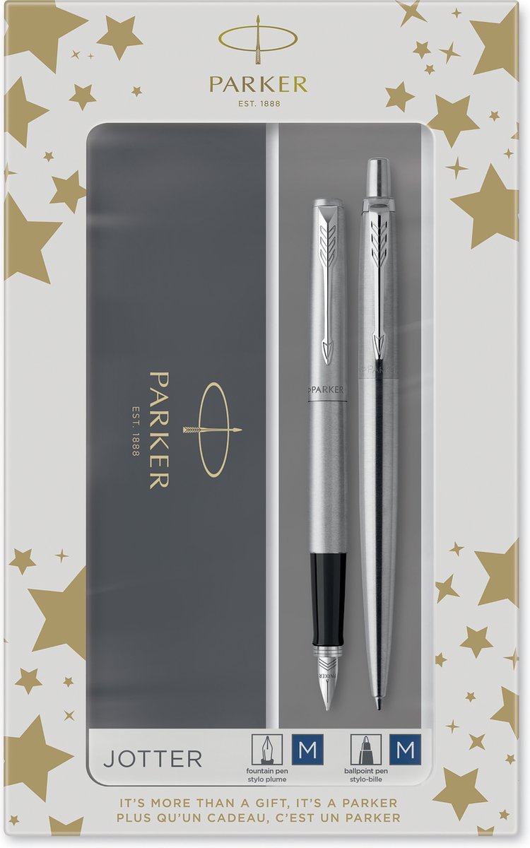 Coffret cadeau Parker Jotter Duo avec stylo à bille et stylo plume | acier inoxydable avec finition chromée | recharge d'encre et cartouches d'encre à l'encre bleue | emballage cadeau