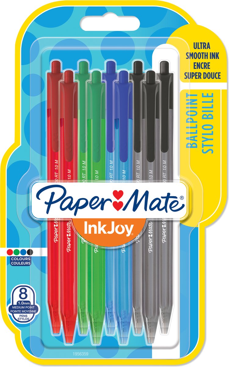 Stylos à bille rétractables Paper Mate Inkjoy 100rt | pointe moyenne (1,0 mm) | noir, bleu, rouge et vert | 8 pièces