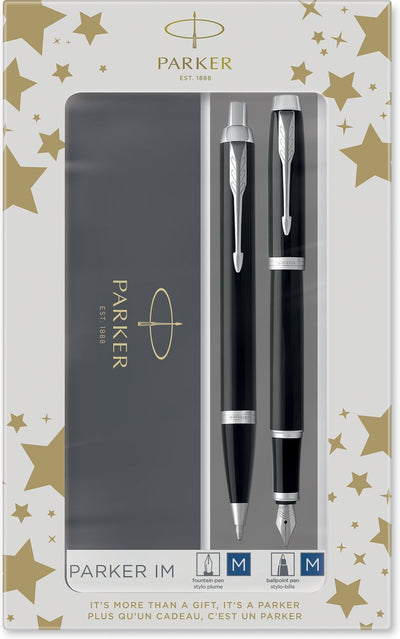 Coffret cadeau Parker im duo avec stylo à bille et stylo plume | noir brillant avec finition chromée | recharge d'encre et cartouche d'encre avec encre bleue | emballage cadeau