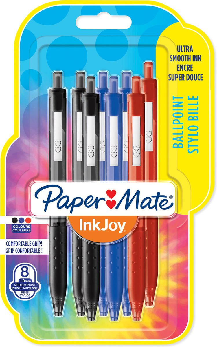Stylos à bille Paper Mate Inkjoy 300rt avec bouton poussoir | pointe moyenne (1,0 mm) | noir, bleu et rouge | 8 pièces