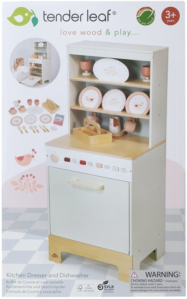 Armoire de cuisine en bois à feuilles tendres et cuisine jouet lave-vaisselle.