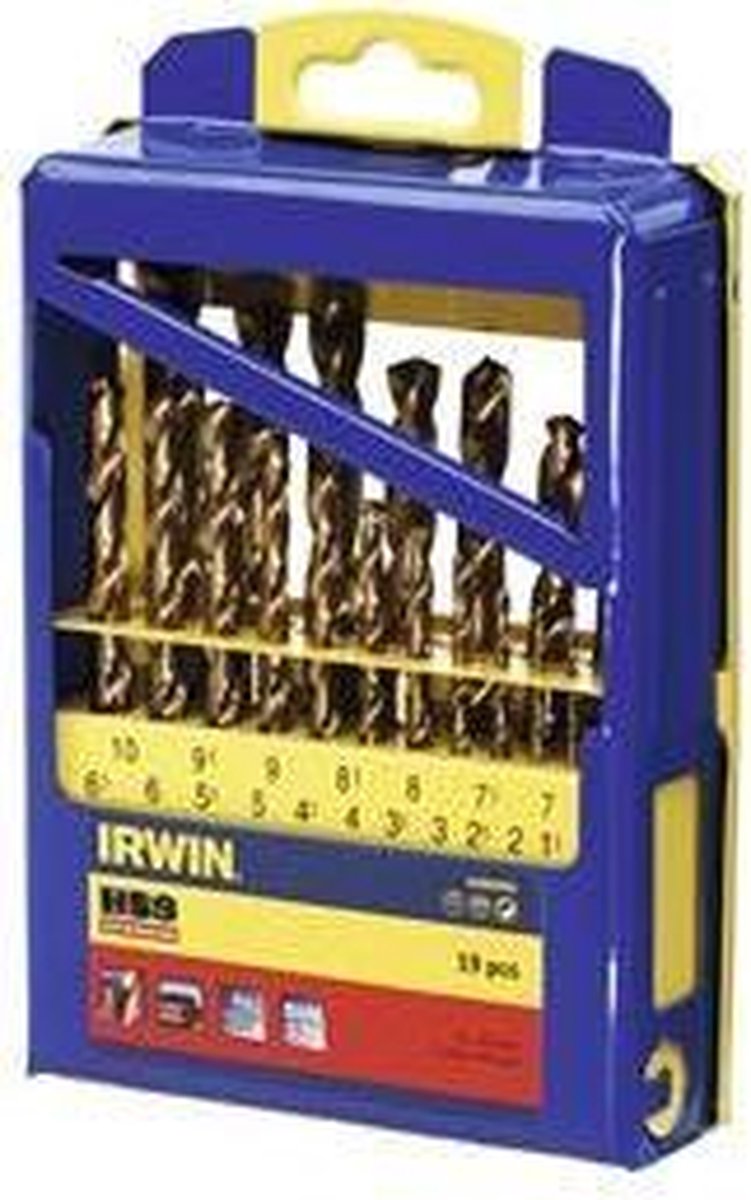 Forets à métaux Irwin hss 135° titane, jeu de 19 pièces dans un boîtier métallique : 1,0 - 10,0 mm par pas de 0,5 mm - 10502603