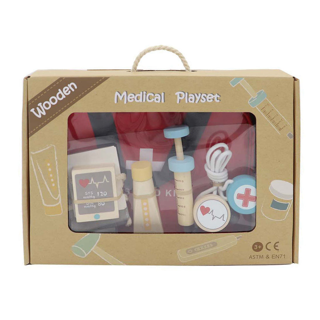 Jeu de docteur en bois dans un sac - 14 pièces.