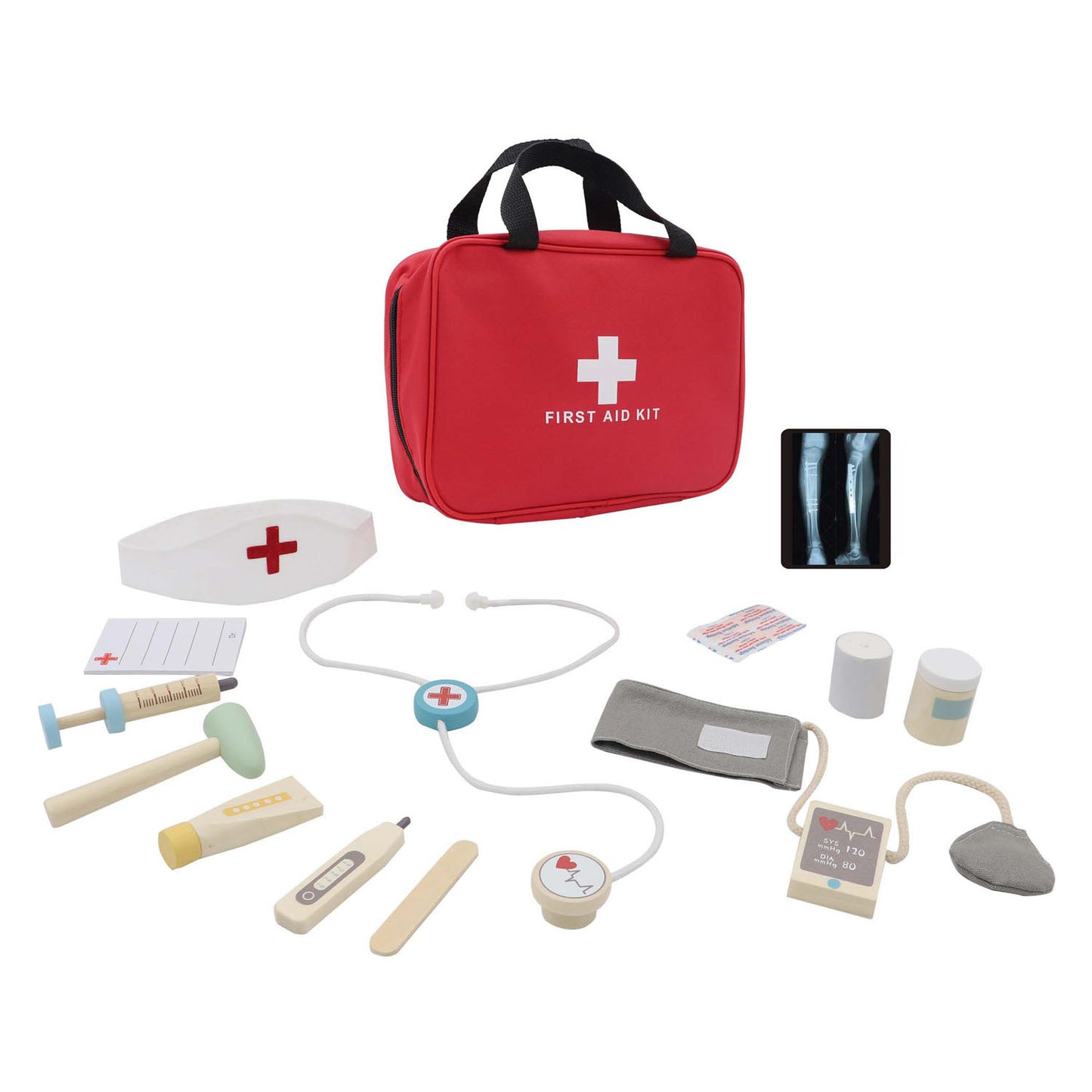 Jeu de docteur en bois dans un sac - 14 pièces.