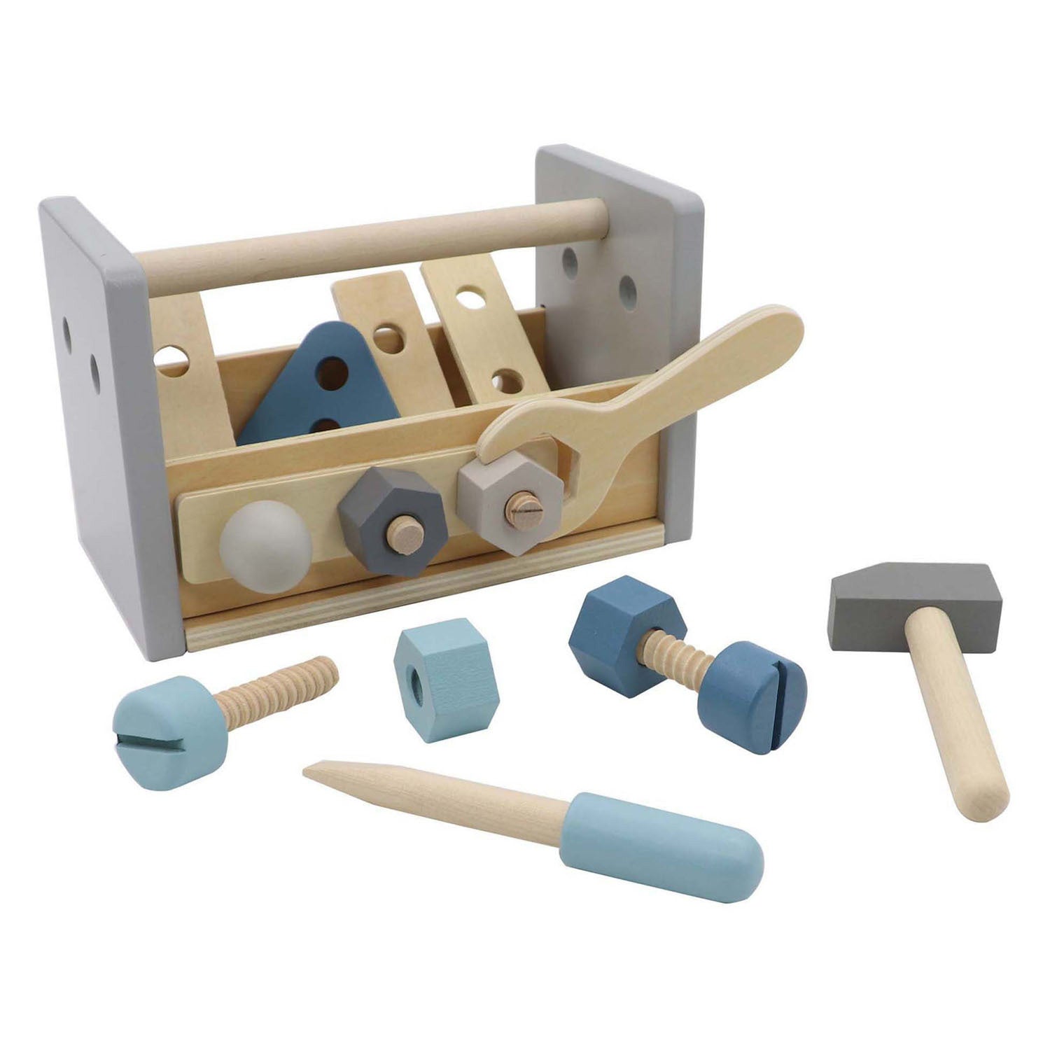 Boîte à outils portative en bois, 17 pièces.