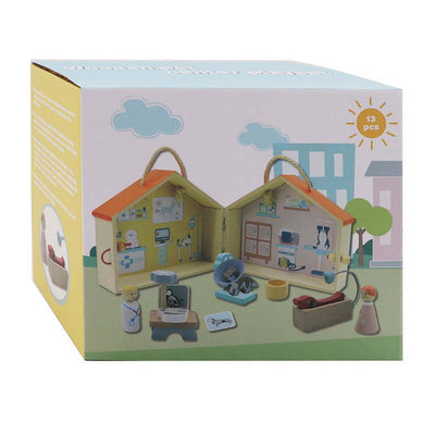 Coffret de jeu vétérinaire en bois, 13 pièces.
