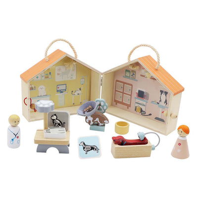 Coffret de jeu vétérinaire en bois, 13 pièces.