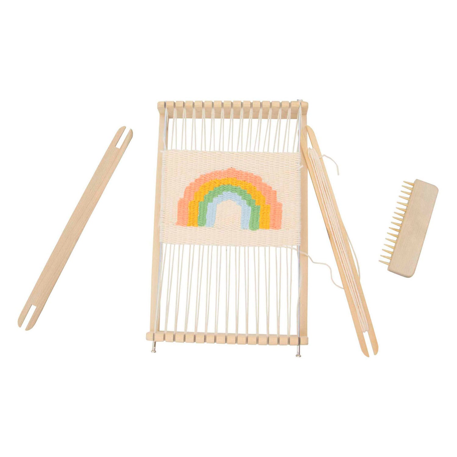 Ensemble de travaux d'aiguille sur métier à tisser en bois, 11 pièces.