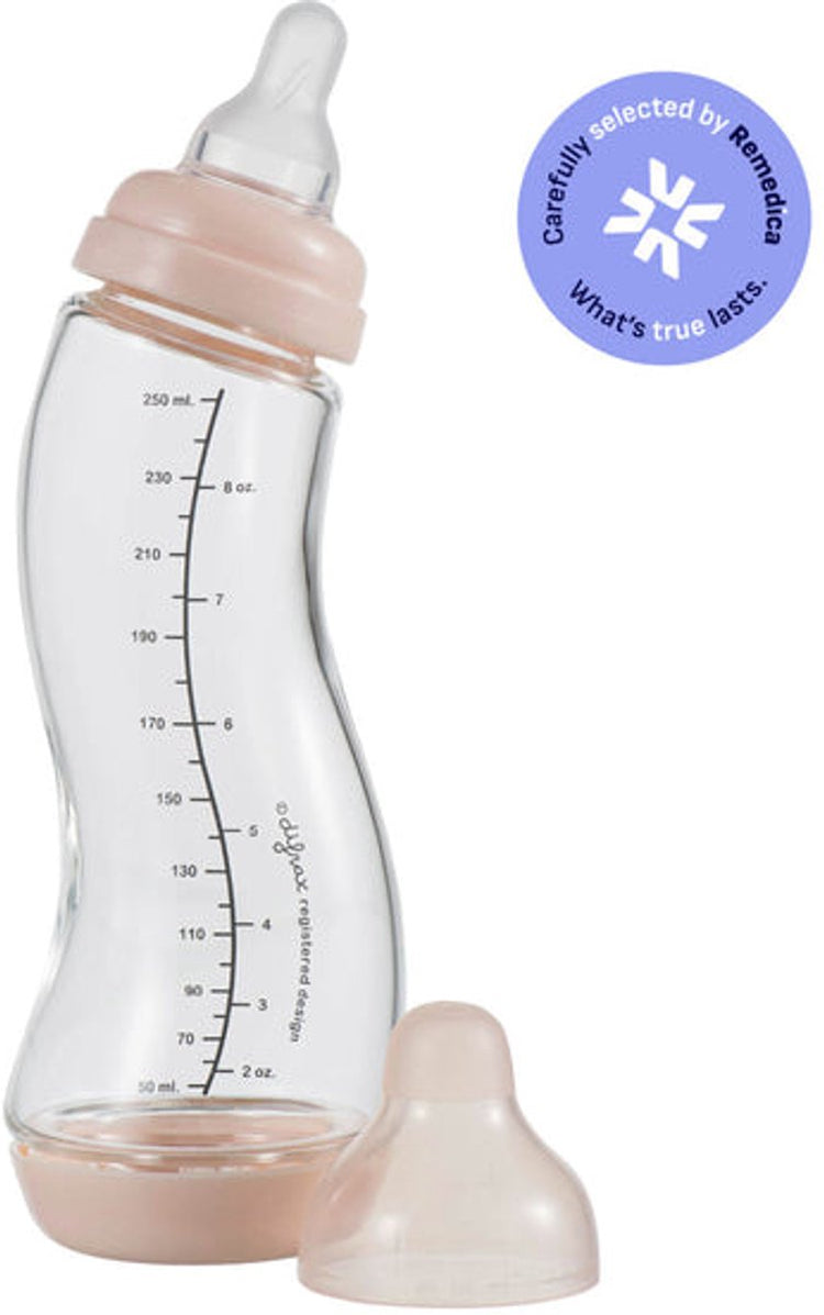 Biberon Difrax verre naturel - 250 ml - rose clair - 1 pièce - s-biberon - anti-colique