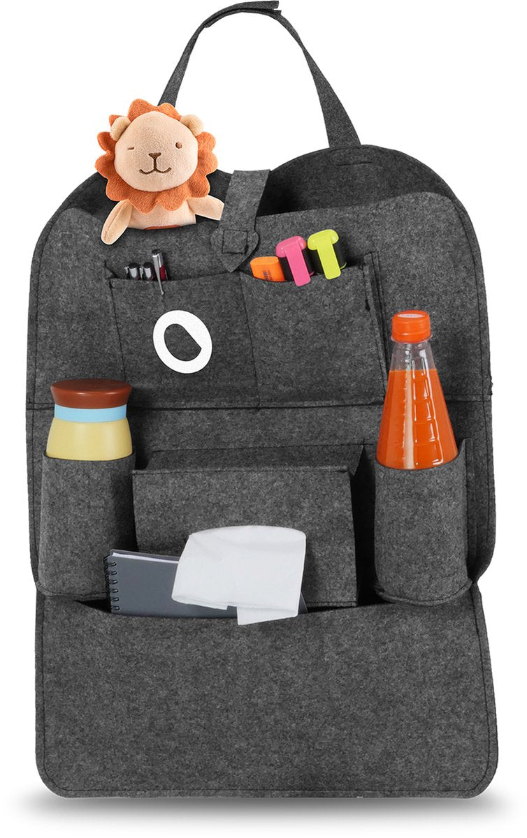 Organisateur Lionelo - organisateur d'accessoires pour siège auto et poussette - système de rangement 2 en 1 pour protection de dossier - 7 compartiments - fixation universelle avec Velcro - feutre - sûr et pratique