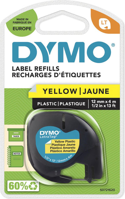 Étiquettes en plastique originales Dymo letratag | impression noire sur étiquettes jaunes | 12 mm x 4 m | étiquettes multifonctions auto-adhésives pour imprimantes d'étiquettes letratag | fabriqué en europe